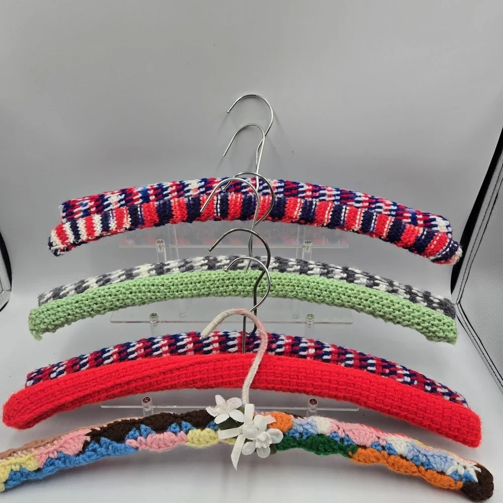 Crochet Knitted Hangers Grannycore Chic Lot of 7 VTG Handmade Wooden Fancy Color